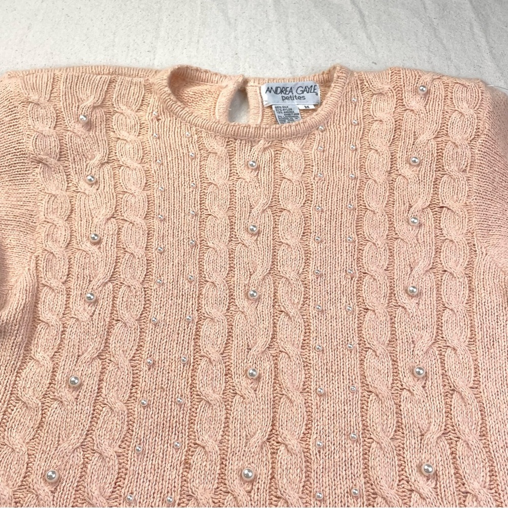VTG Cable Knit Sweater Silk Lambswool Pearl beaded Old Money Peach Med Petite
